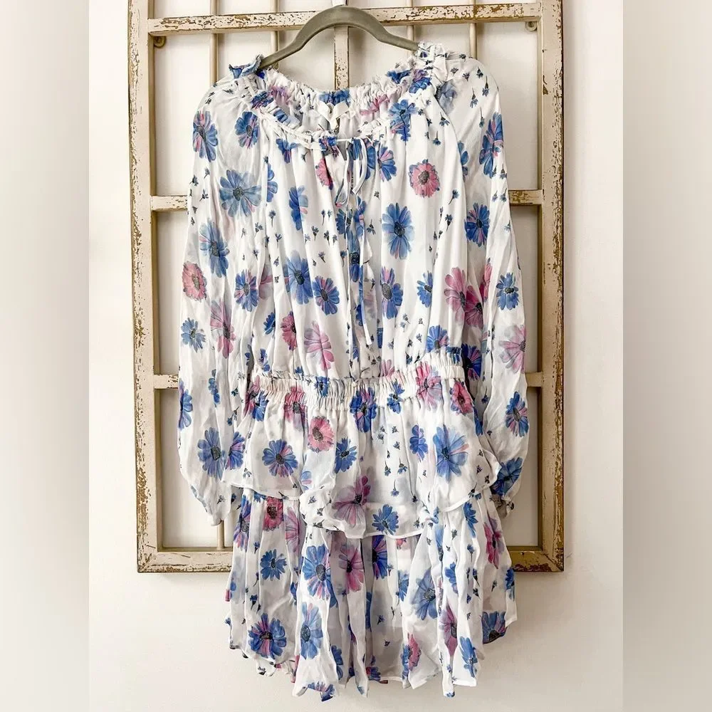 (60% OFF) NWT LOVESHACKFANCY Popover Floral Chiffon Mini Dress Small MSRP $589 - Picture 6 of 9